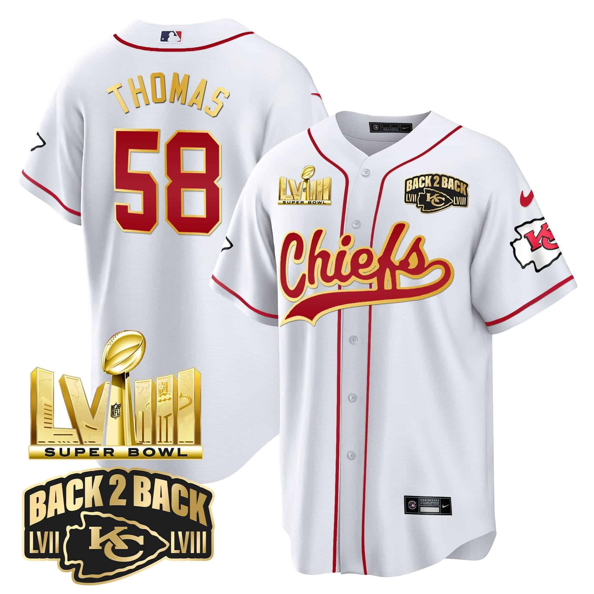 Men Kansas City Chiefs 58 Thomas White 2024 Nike Super Bowl LVIII Back 2 Back Gold Patch Baseball NFL Jersey